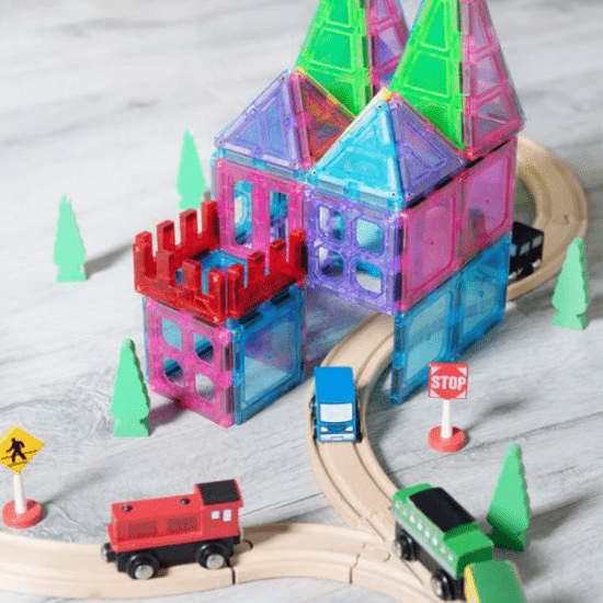 Sprout Tile Magnetic Building Tiles 100pcs; colorful translucent castle with train set and trees