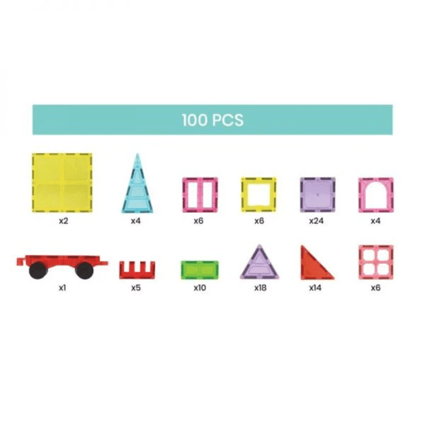 Sprout Tile magnetic building tile set, 100-piece assortment in bright colors and assorted shapes.