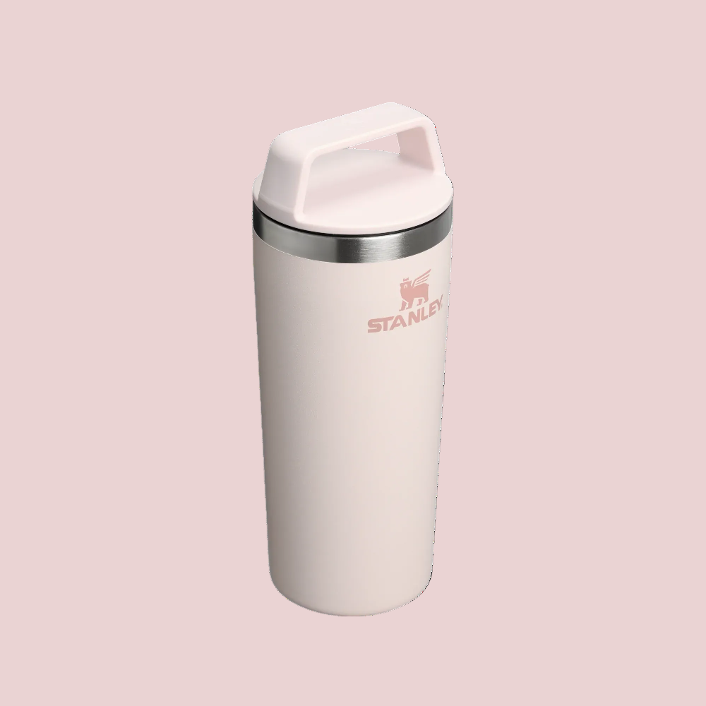 Pink Stanley tumbler on a white background