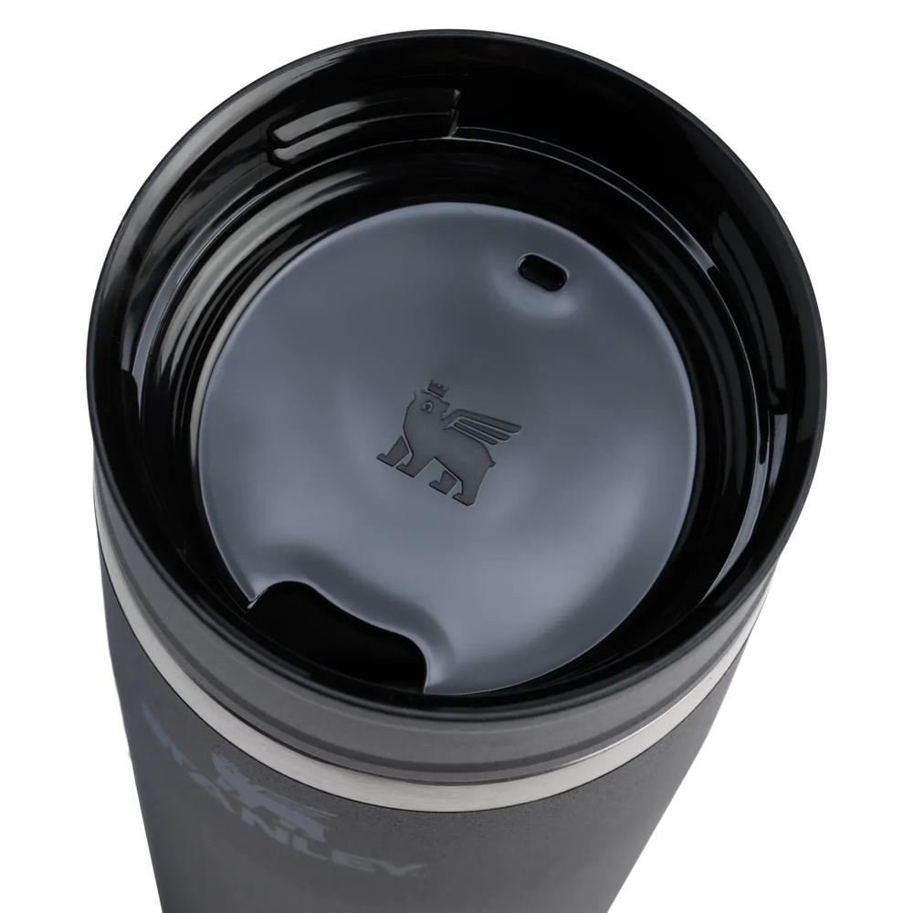 Stanley Cafe-To-Go Travel Mug 16 oz, black, top-down view shows spill-proof lid and insulated interior.