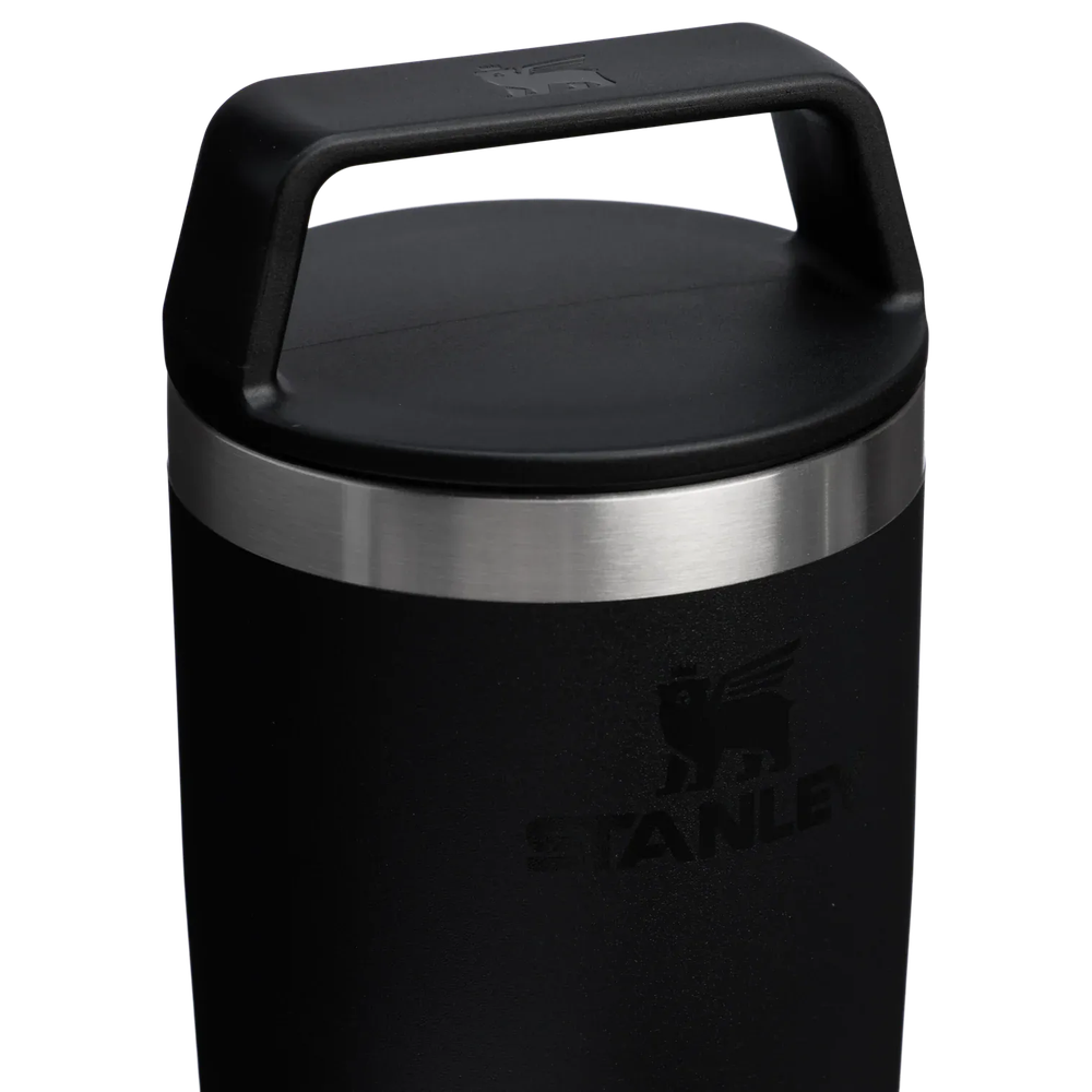 Stanley Cafe-To-Go Travel Mug 16 oz in black with a sturdy top handle and stainless steel band.