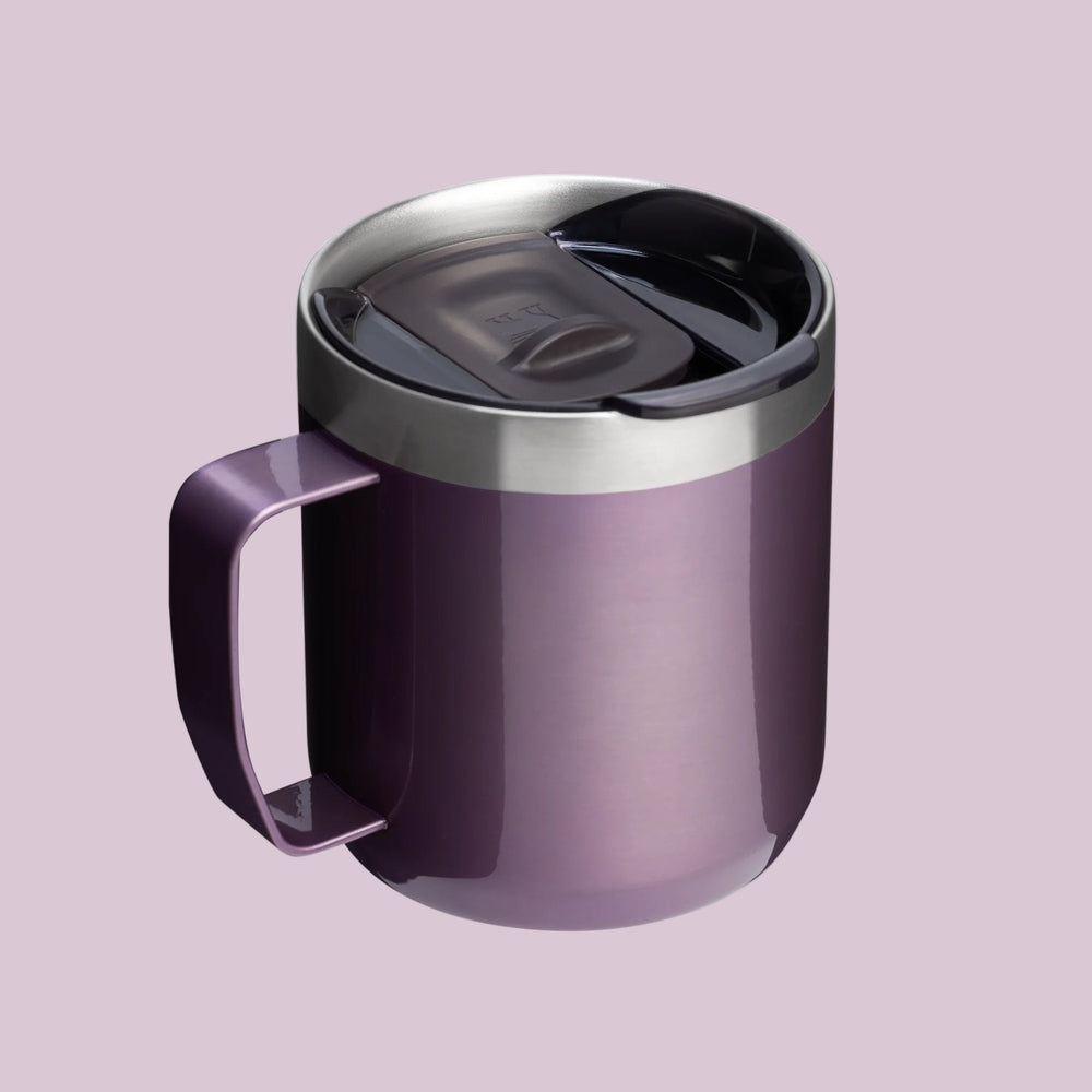 Stanley Classic Stay-Hot Camp Mug 12 oz in purple stainless steel with spill-proof lid and sturdy handle.