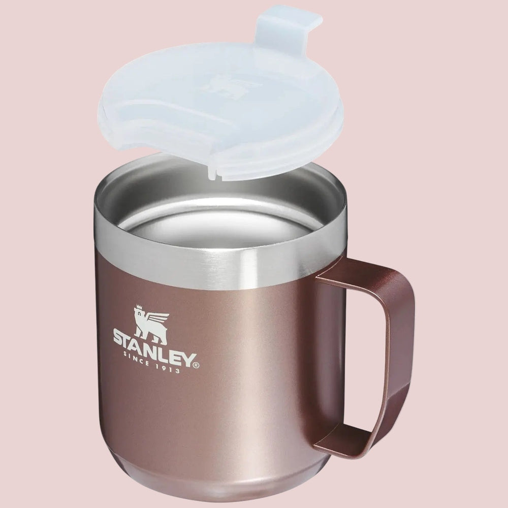 Stanley Classic Stay-Hot Camp Mug 12 oz in bronze stainless steel with open plastic lid.