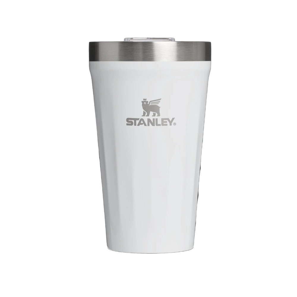 Stanley Everyday Tumbler 16oz white with stainless steel lip, standing upright to show STANLEY branding.