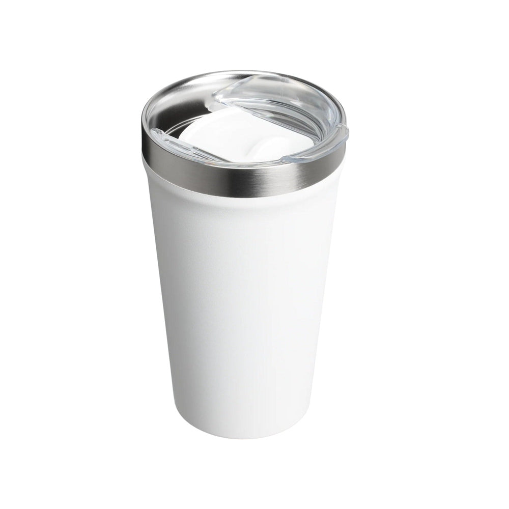 STANLEY Everyday Tumbler 16oz white stainless steel bottle with clear spill-proof lid for on-the-go hydration.