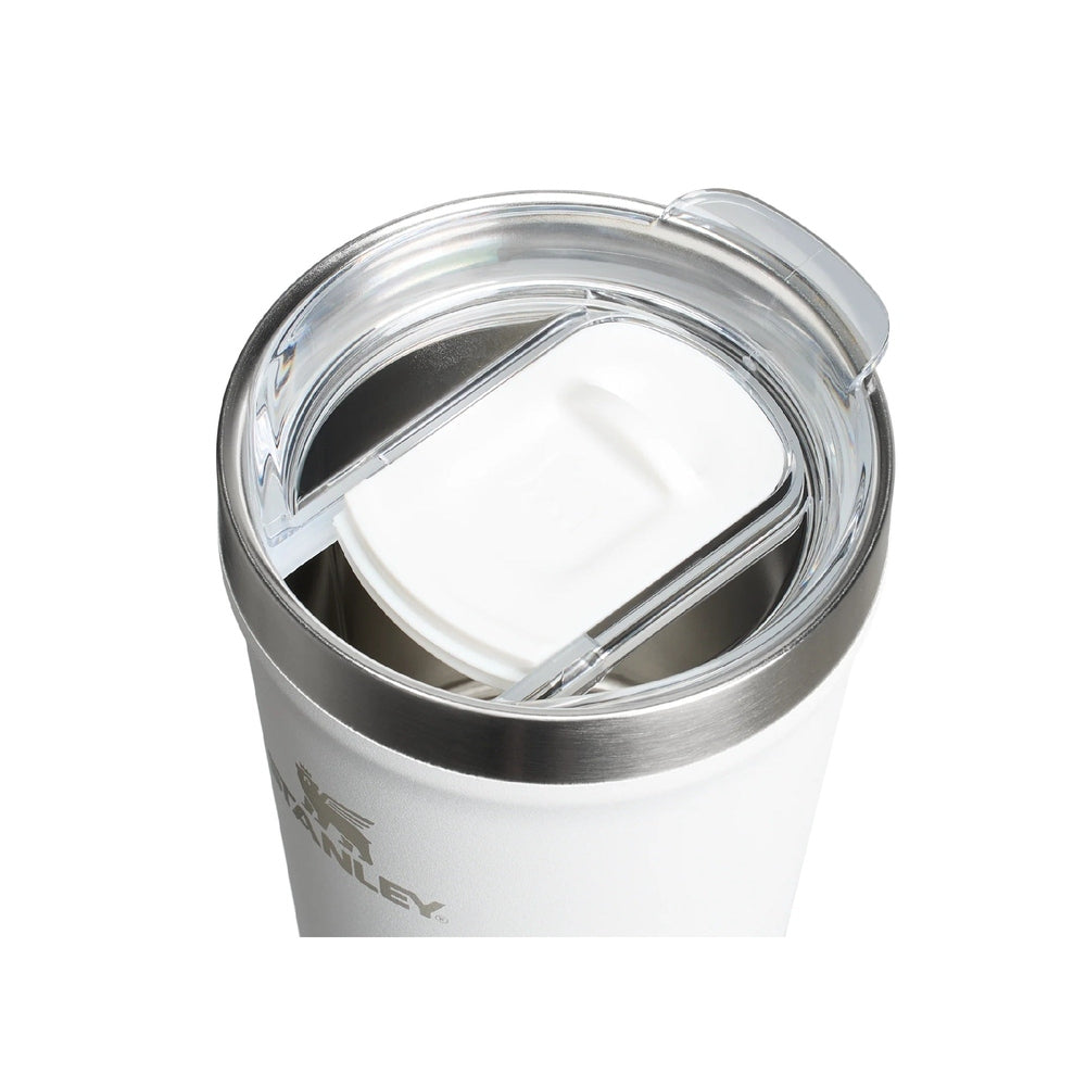 Stanley Everyday Tumbler 16oz with clear lid and white slider, showing the open sip lid.