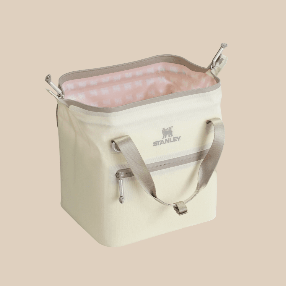 Stanley All Day Julienne Mini Cooler 7.4 Qt with beige exterior and pink-lined interior
