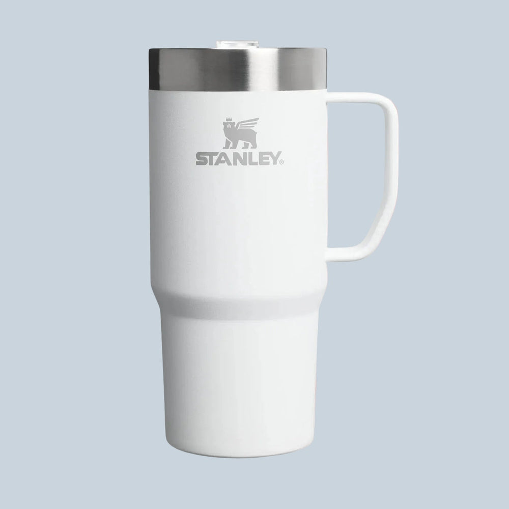 Stanley The Everyday Suburban Mug 16oz in White with gray logo, stainless steel lid, and side handle