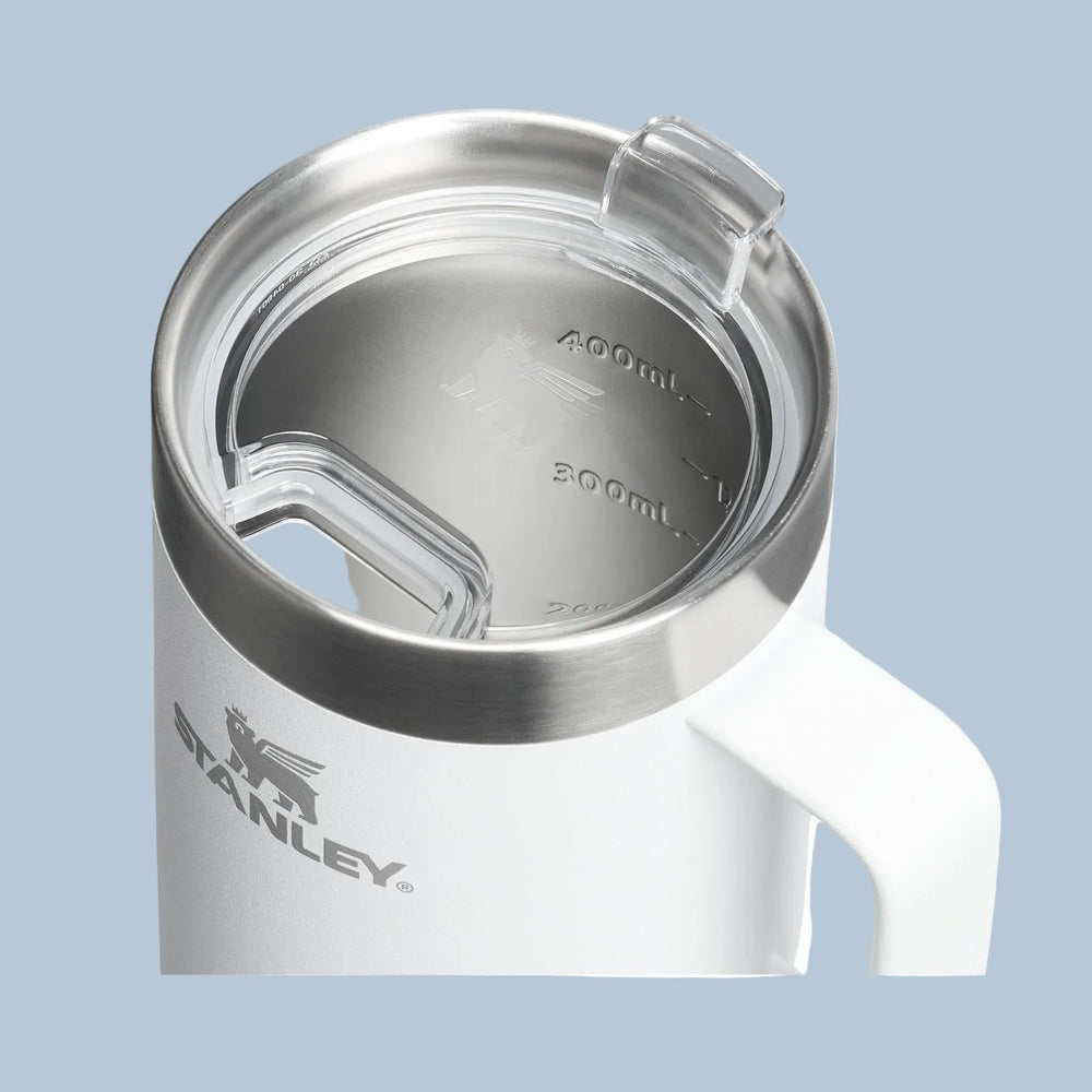 Stanley The Everyday Suburban Mug 16oz Mug in White with Clear Lid and Stainless Interior, Logo on Side.