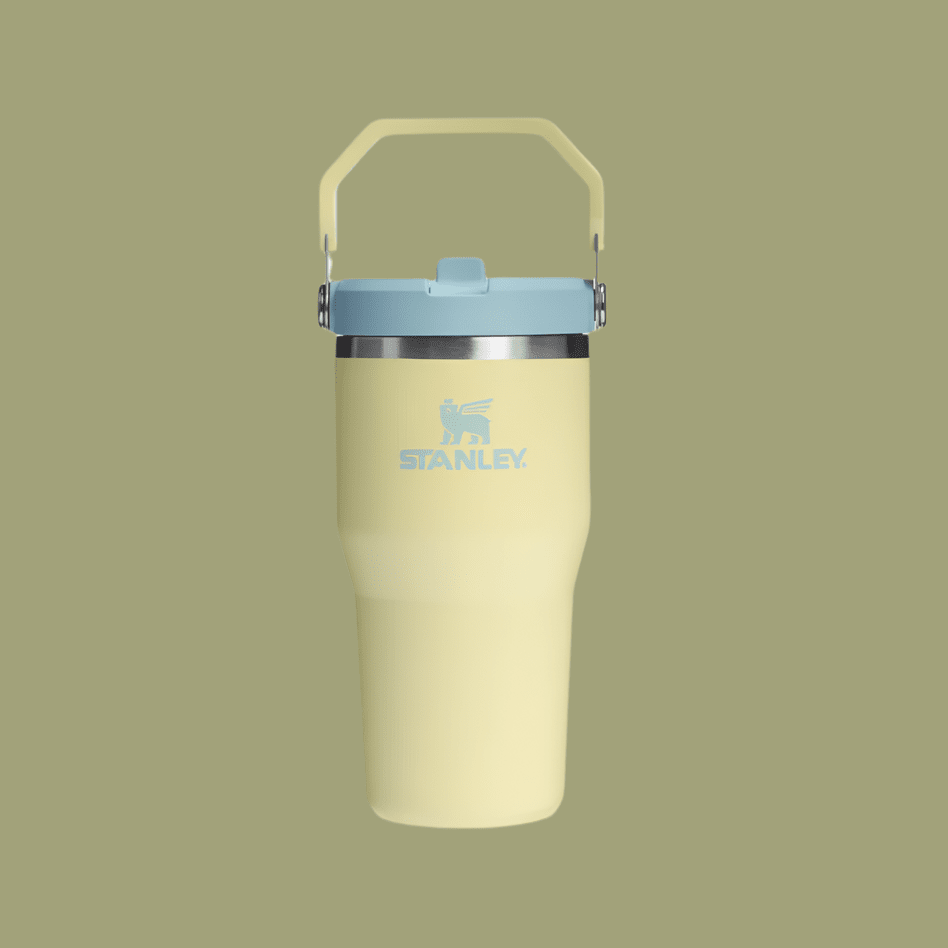 Stanley IceFlow Flip Straw 2.0 20 oz tumbler in pale yellow with blue lid and handle