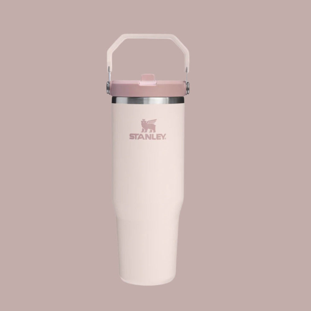 Stanley Iceflow Flip Straw 2.0 30 oz tumbler in blush pink, pink lid secured, white carry handle