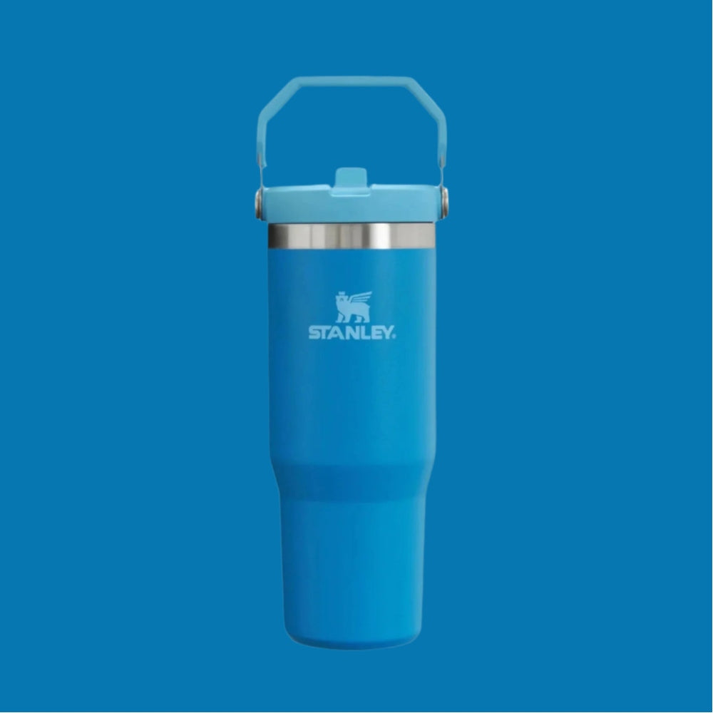 Stanley IceFlow Flip Straw 2.0 30 oz tumbler in blue, held by its built-in sturdy handle.