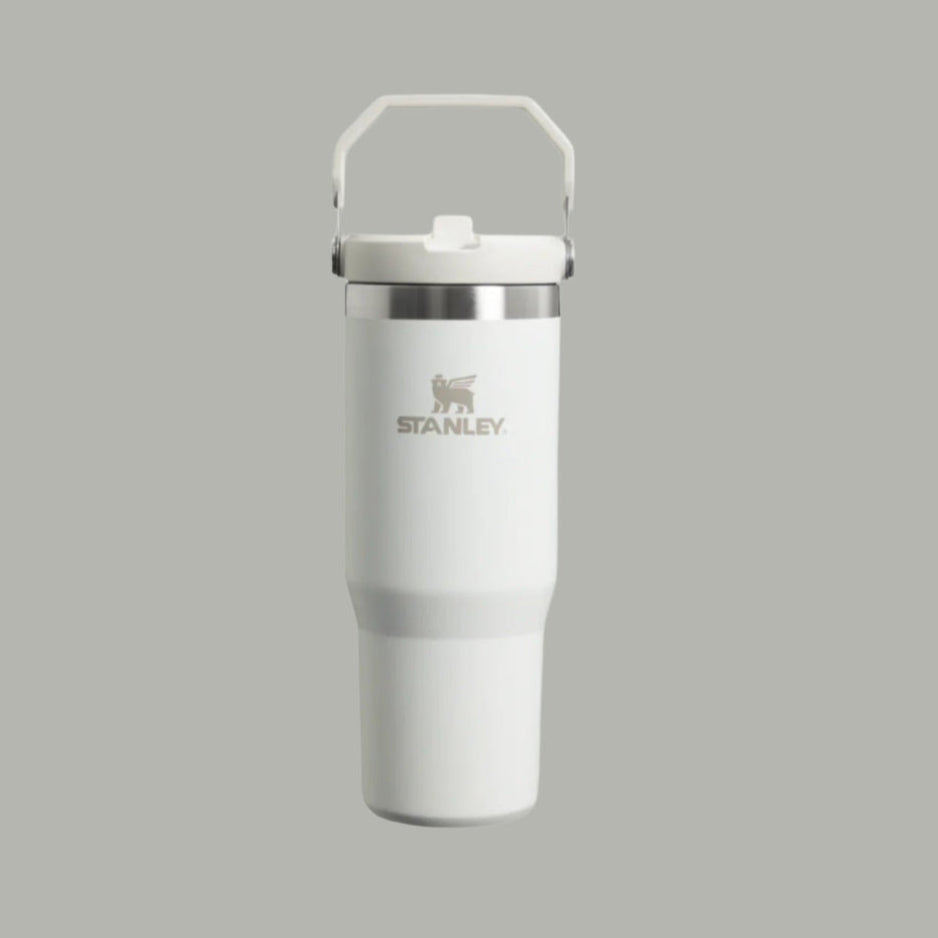 Stanley The Iceflow Flip Straw 2.0 Tumbler 30 oz in white, stainless lid, shown upright with flip-top lid closed.