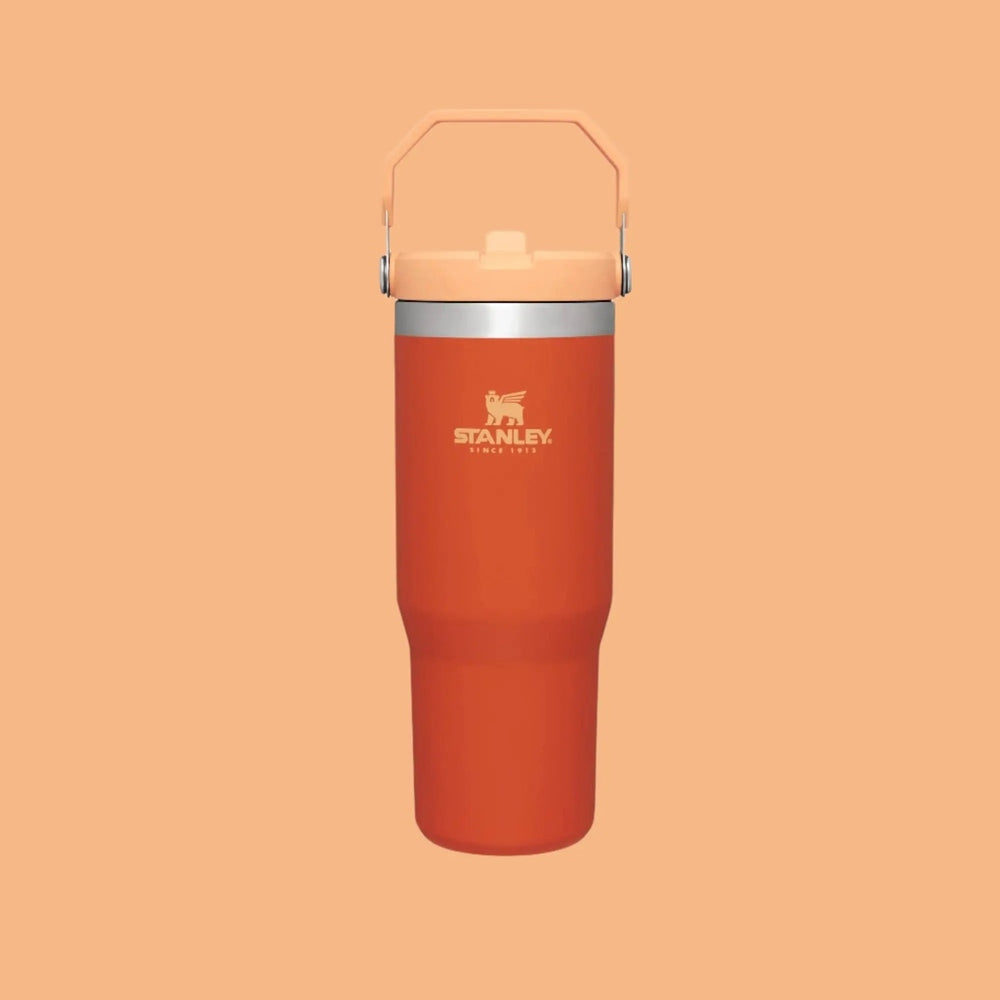 Stanley The Iceflow Flip Straw Tumbler 30 oz in orange with pink lid and raised carry handle