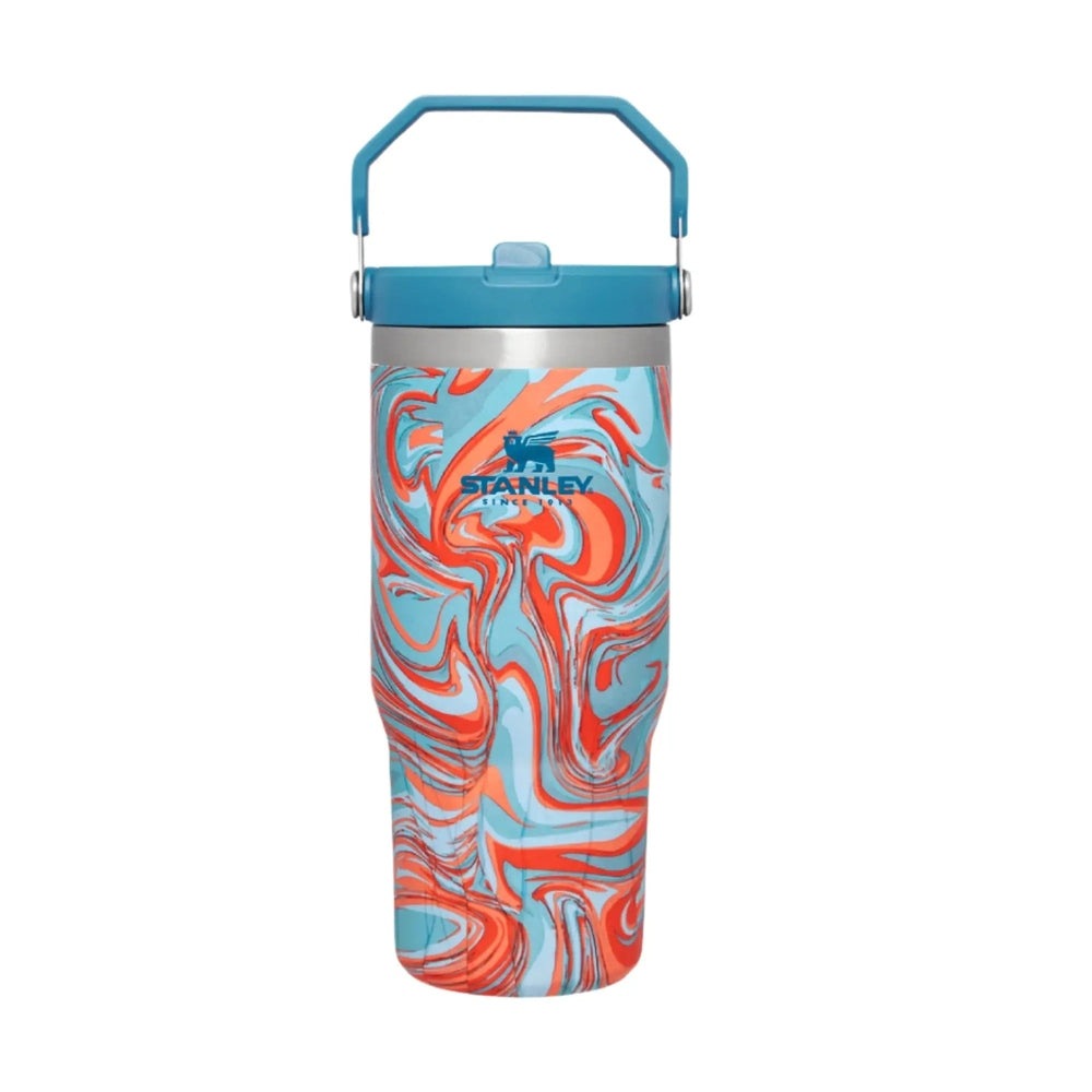 Stanley The Iceflow Flip Straw Tumbler 30 oz in blue-orange marble pattern with blue lid and attached handle