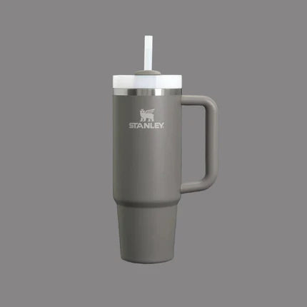Stanley The Quencher H2.0 Flowstate Tumbler 30 oz in gray with white lid and straw, handle shown for easy carrying.