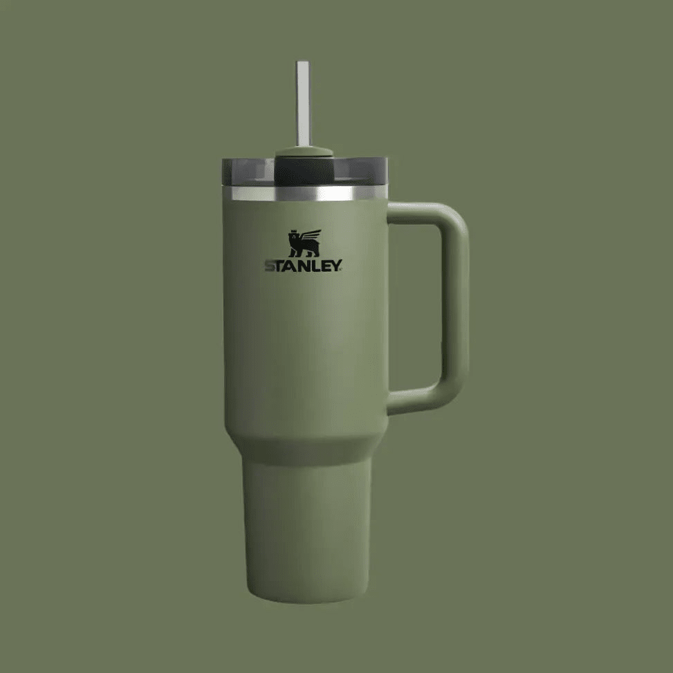 Stanley The Quencher H2.0 Flowstate Tumbler 40 oz in olive green, straw lid and sturdy handle for on-the-go hydration