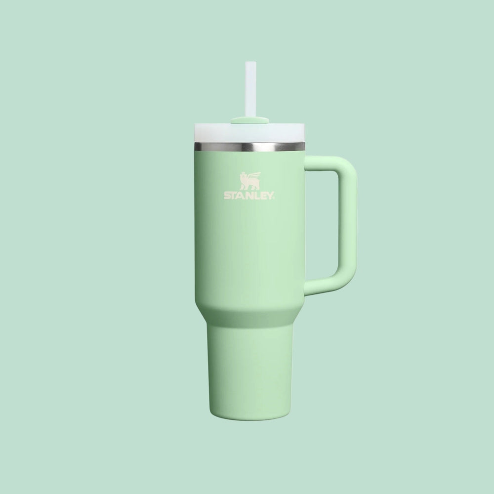 Stanley The Quencher H2.0 Flowstate Tumbler 40 oz in mint green with white lid and straw, sturdy side handle.