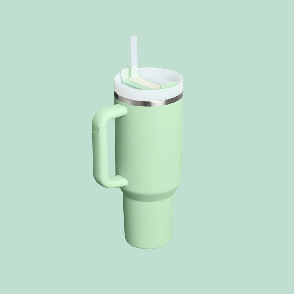 STANLEY The Quencher H2.0 Flowstate Tumbler 40 oz mint green with straw and sturdy handle; spill-resistant lid