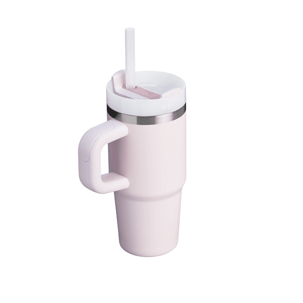 Stanley Quencher H2.0 Flowstate tumbler with handle, pink body, white lid, 20 oz