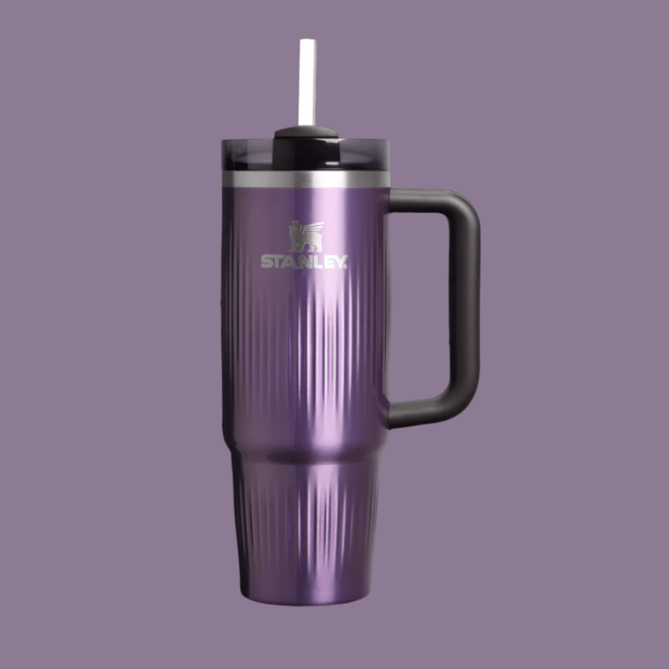 Stanley Quencher H2.0 Fluted Tumbler 30 oz purple with black handle and straw