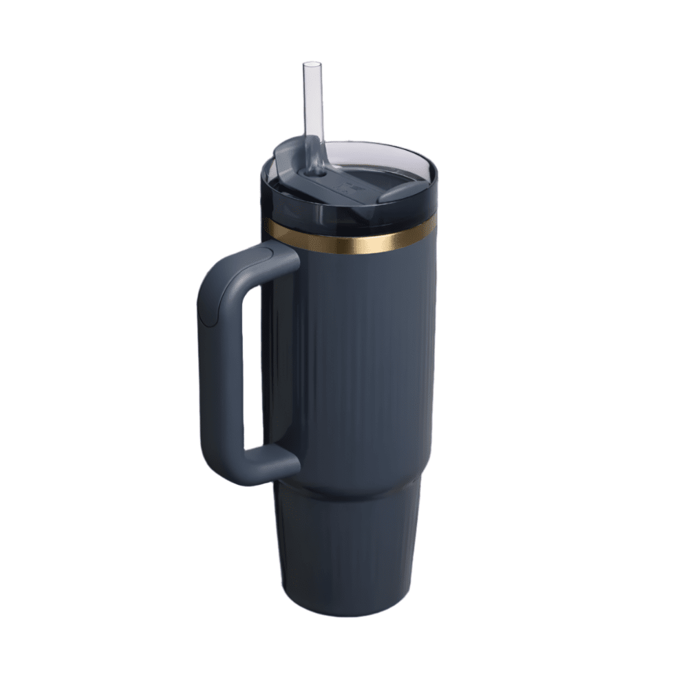 STANLEY Quencher H2.0 Fluted Tumbler 30 oz blue with straw lid and gold accent