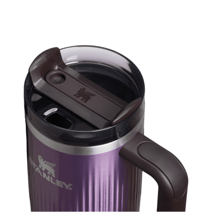 Stanley Quencher H2.0 Fluted Tumbler 30 oz in purple with brown lid and handle