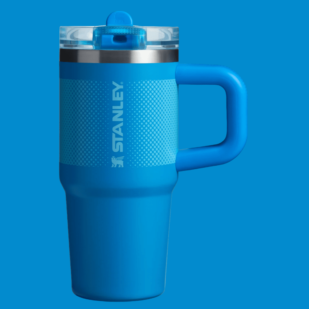 Stanley The Quencher Protour Flip Straw Tumbler 14 oz in blue with handle and flip straw lid.
