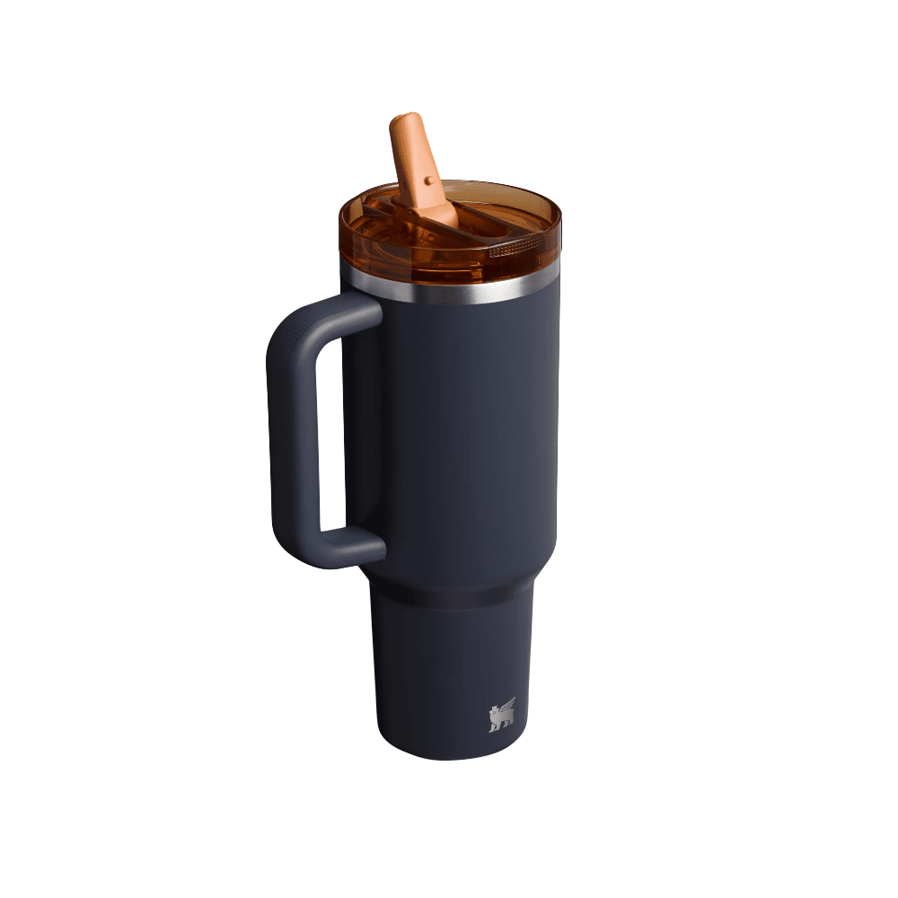 Stanley Quencher Protour Flip Straw Tumbler 40 oz navy with orange lid and handle