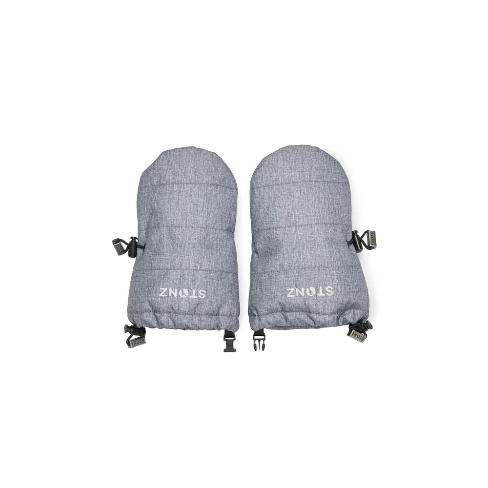 Stonz Baby Mitts Heather Grey, padded baby gloves with adjustable cuffs, set of 2 shown for chilly mornings.
