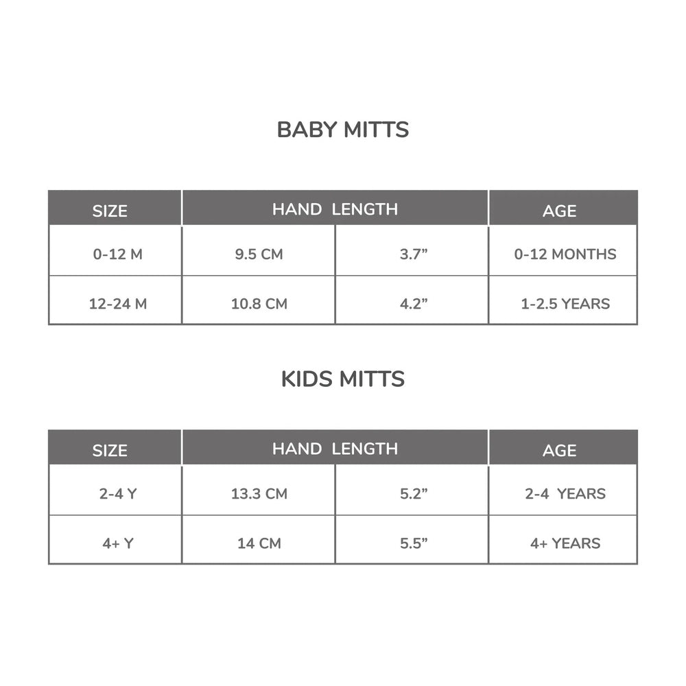 Stonz Baby Mitts Heather Grey size chart showing 0-12M and 12-24M with 9.5-10.8 cm hand lengths.
