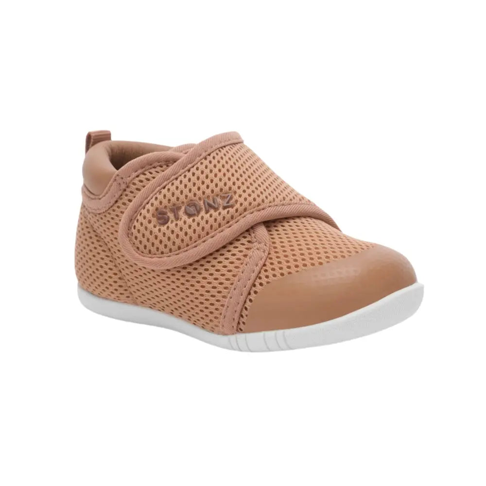 STONZ Stonz Cruiser Original Baby Shoes Camel pair of baby shoes shown in image 1 of 9 with mesh upper, velcro strap and contrasting sole im
