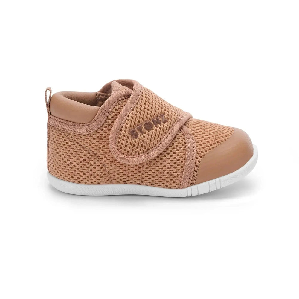 STONZ Stonz Cruiser Original Baby Shoes Camel pair of baby shoes shown in image 2 of 9 with mesh upper, velcro strap and contrasting sole im
