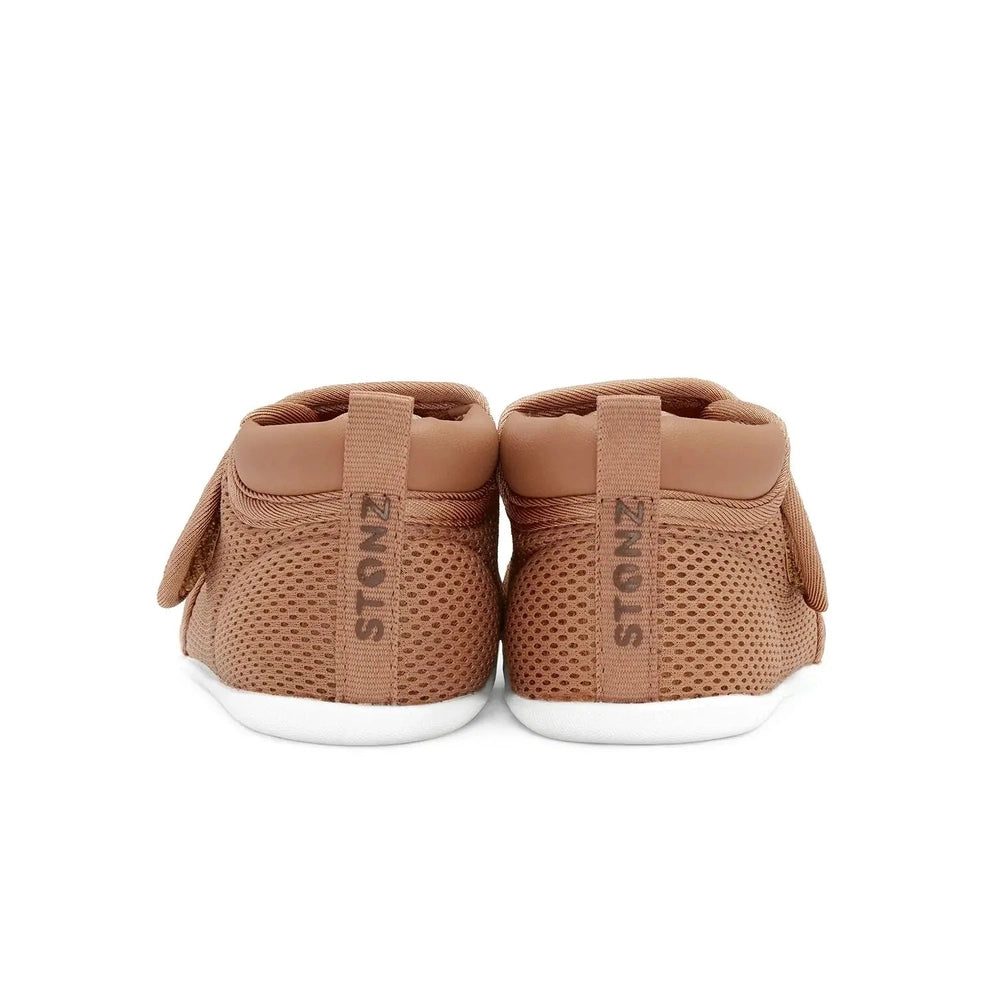 Stonz Cruiser Original Baby Shoes Camel; tan mesh uppers with pull tabs for easy on, white outsole.