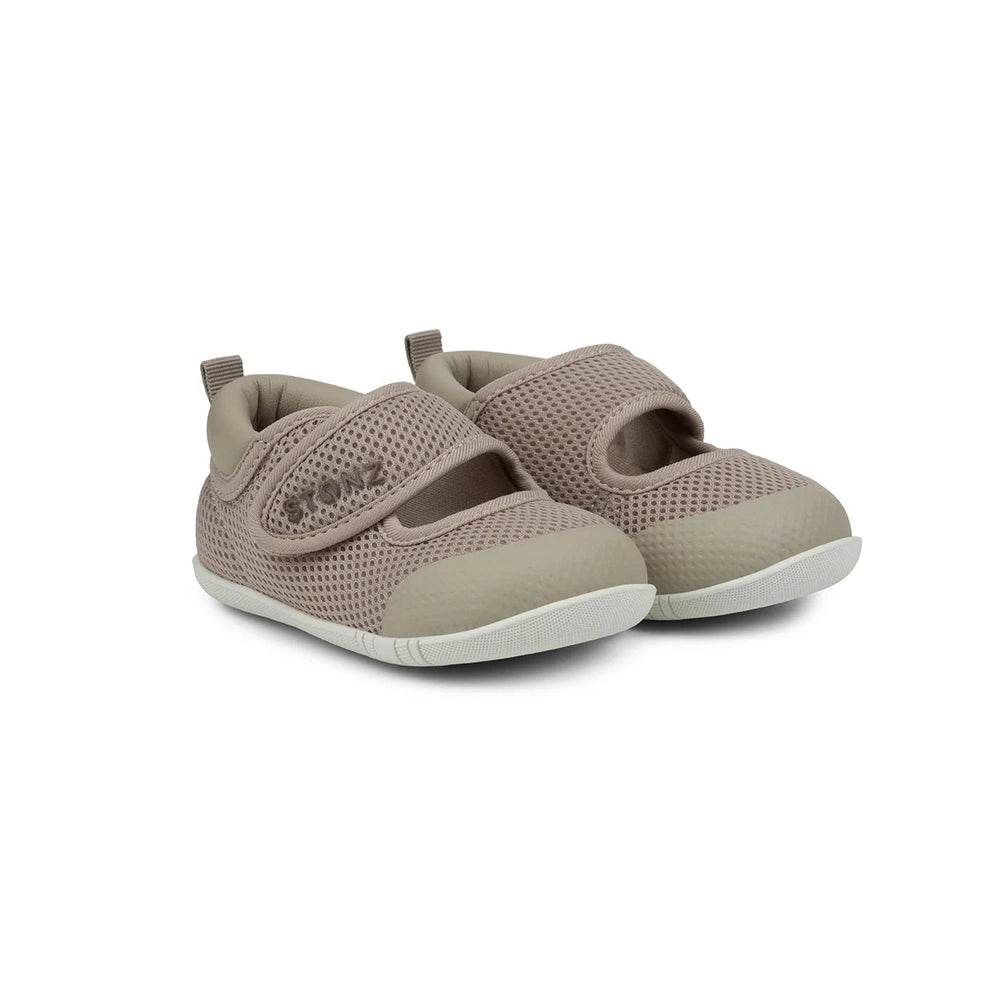 STONZ Stonz Cruiser Mary Jane Baby Shoes Dune pair of baby shoes shown in image 1 of 5 with mesh upper, velcro strap and contrasting sole im