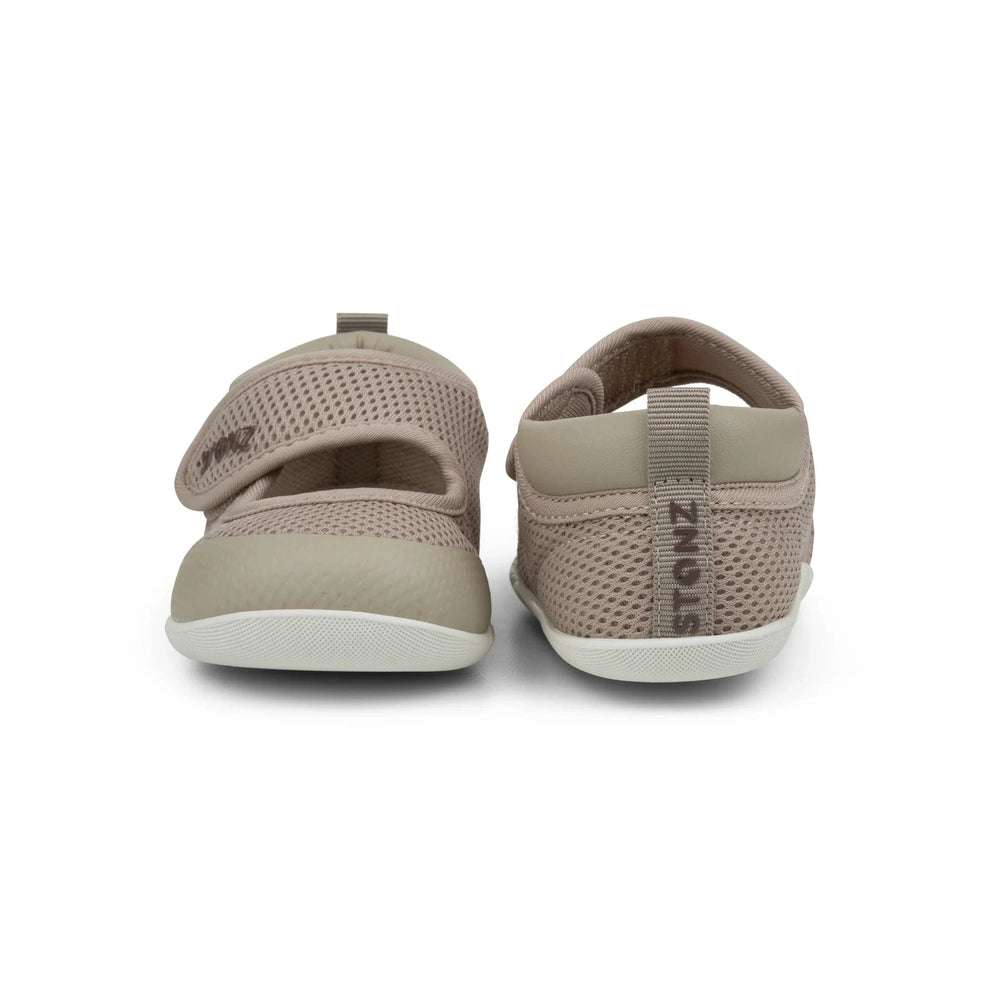 Stonz Cruiser Mary Jane baby shoes in dune beige, mesh upper with Velcro strap, branded STONZ.