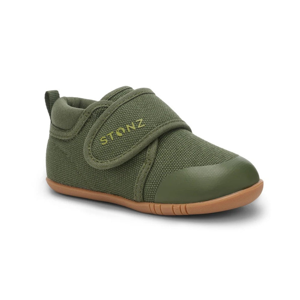 STONZ Stonz Cruiser Natural Baby Shoes Cypress pair of baby shoes shown in image 1 of 10 with mesh upper, velcro strap and contrasting sole