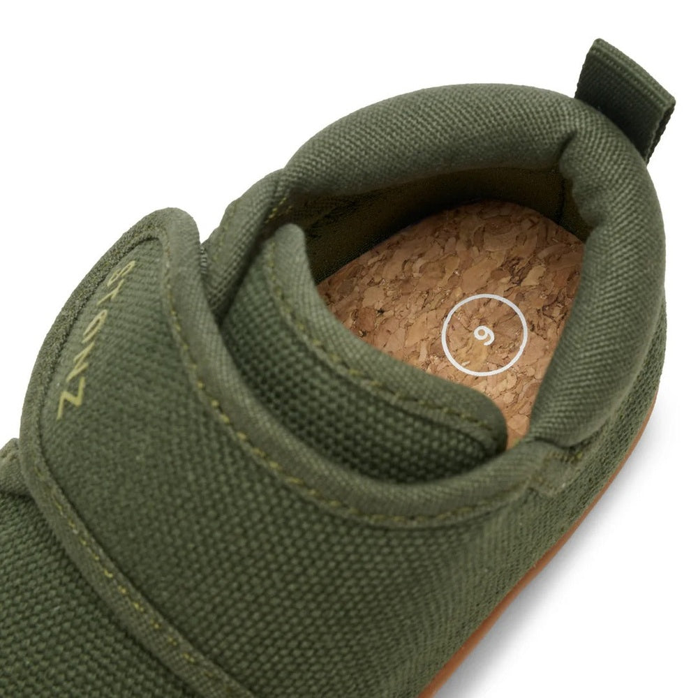 Stonz Cruiser Natural Baby Shoes Cypress olive-green with cork insole and Velcro strap fastened, size 6