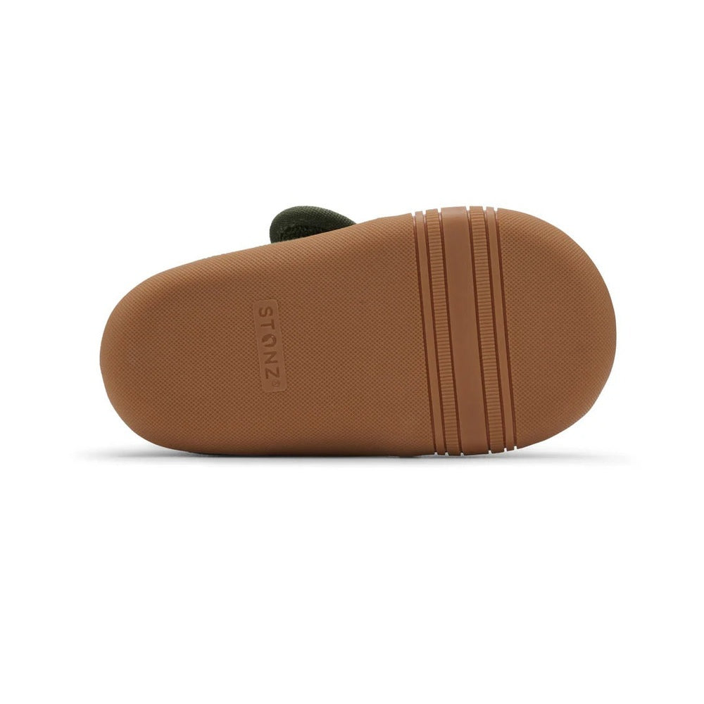Stonz Cruiser Natural Baby Shoes Cypress with brown non-slip sole and tread for first steps.