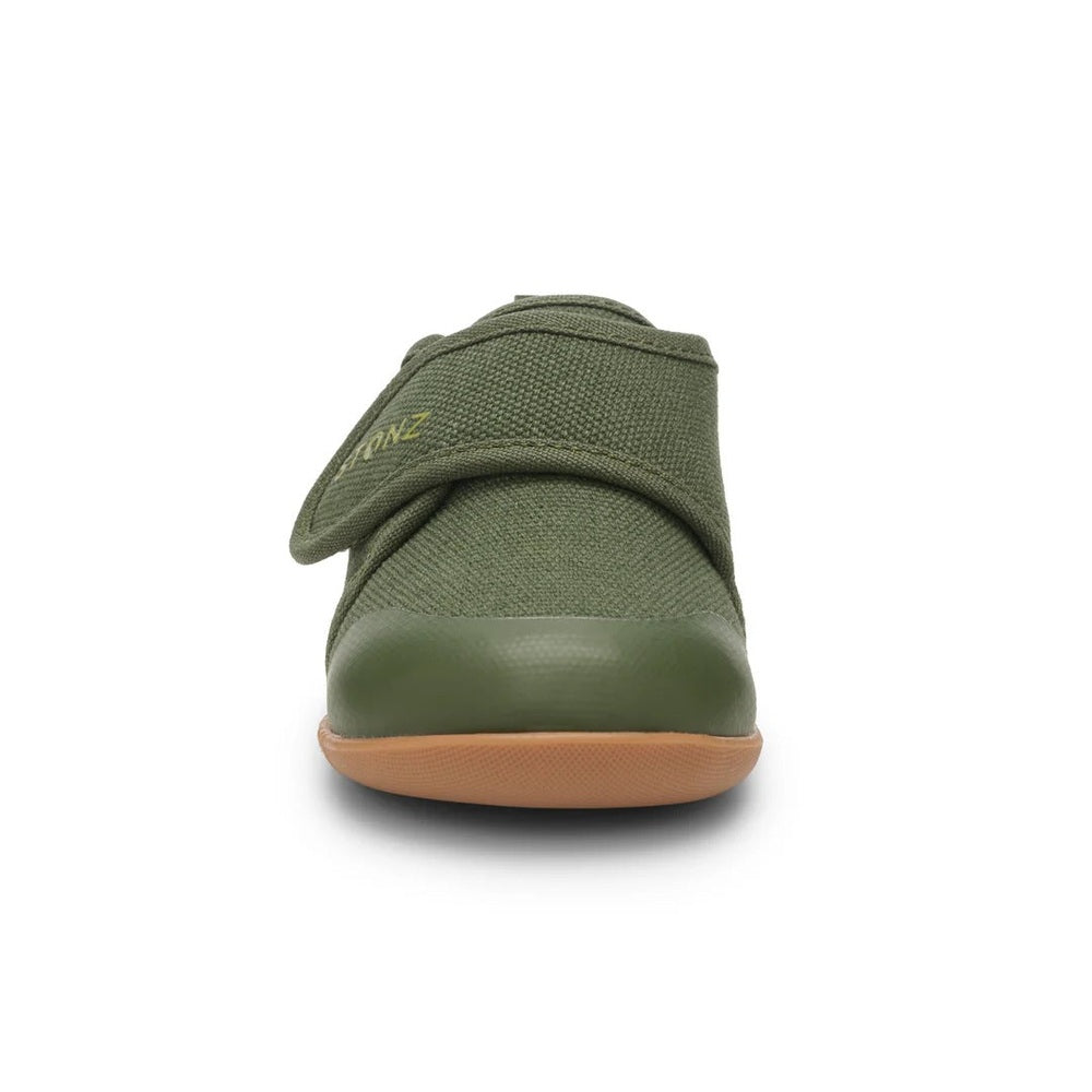 Stonz Cruiser Natural Baby Shoes Cypress in olive green with velcro strap, front view.
