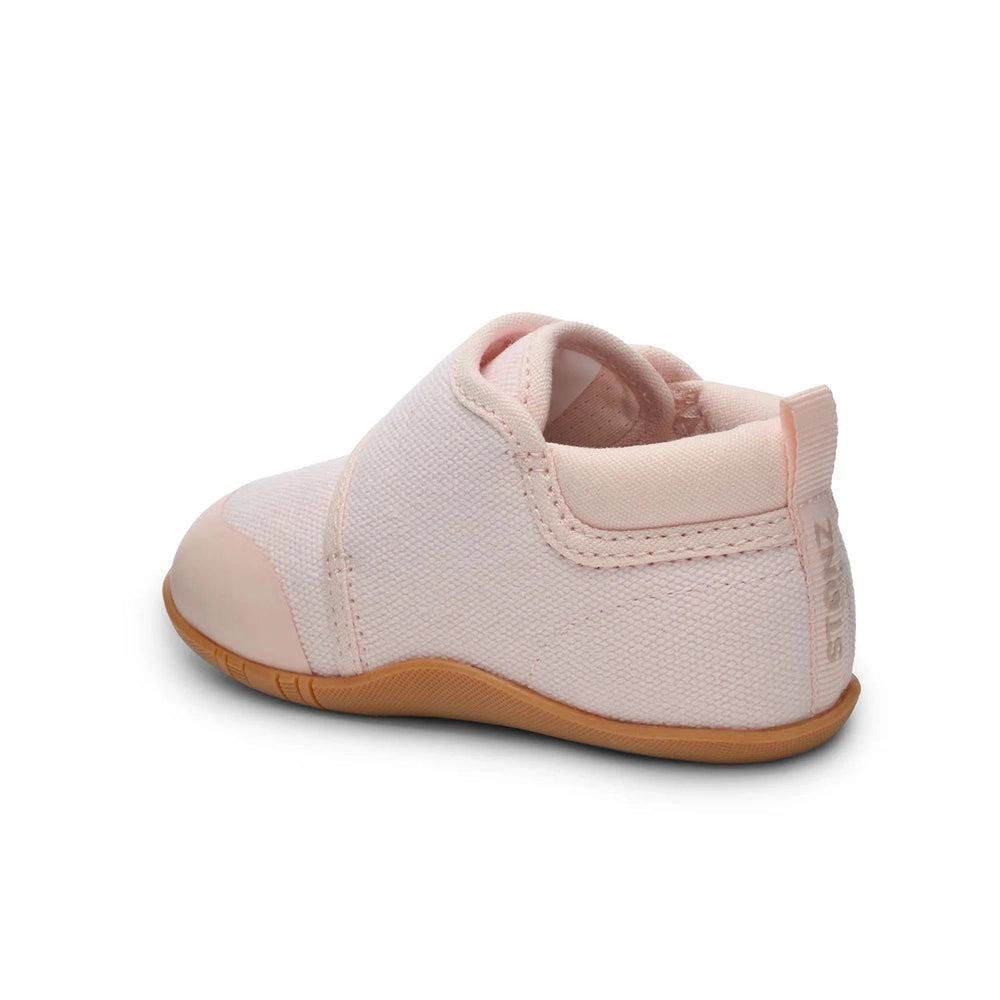 Stonz Cruiser Natural Baby Shoes Haze Pink with soft pink fabric upper, tan sole, and Velcro strap.