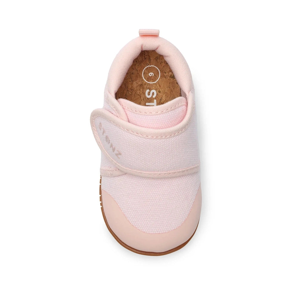 Stonz Cruiser Natural Baby Shoes Haze Pink with soft pink fabric upper, Velcro strap, cork insole.