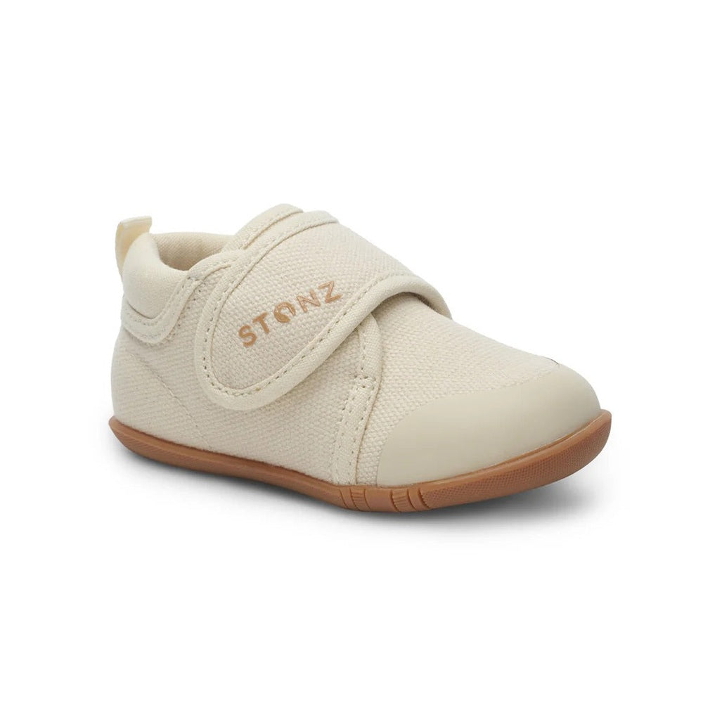 STONZ Stonz Cruiser Natural Baby Shoes Oatmeal pair of baby shoes shown in image 1 of 10 with mesh upper, velcro strap and contrasting sole
