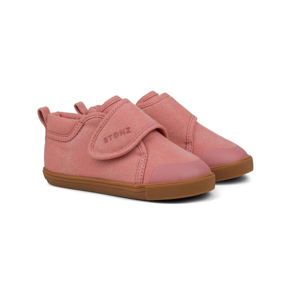 STONZ Stonz Cruiser Natural Toddler Shoes Dusty Rose pair of baby shoes shown in image 1 of 3 with mesh upper, velcro strap and contrasting