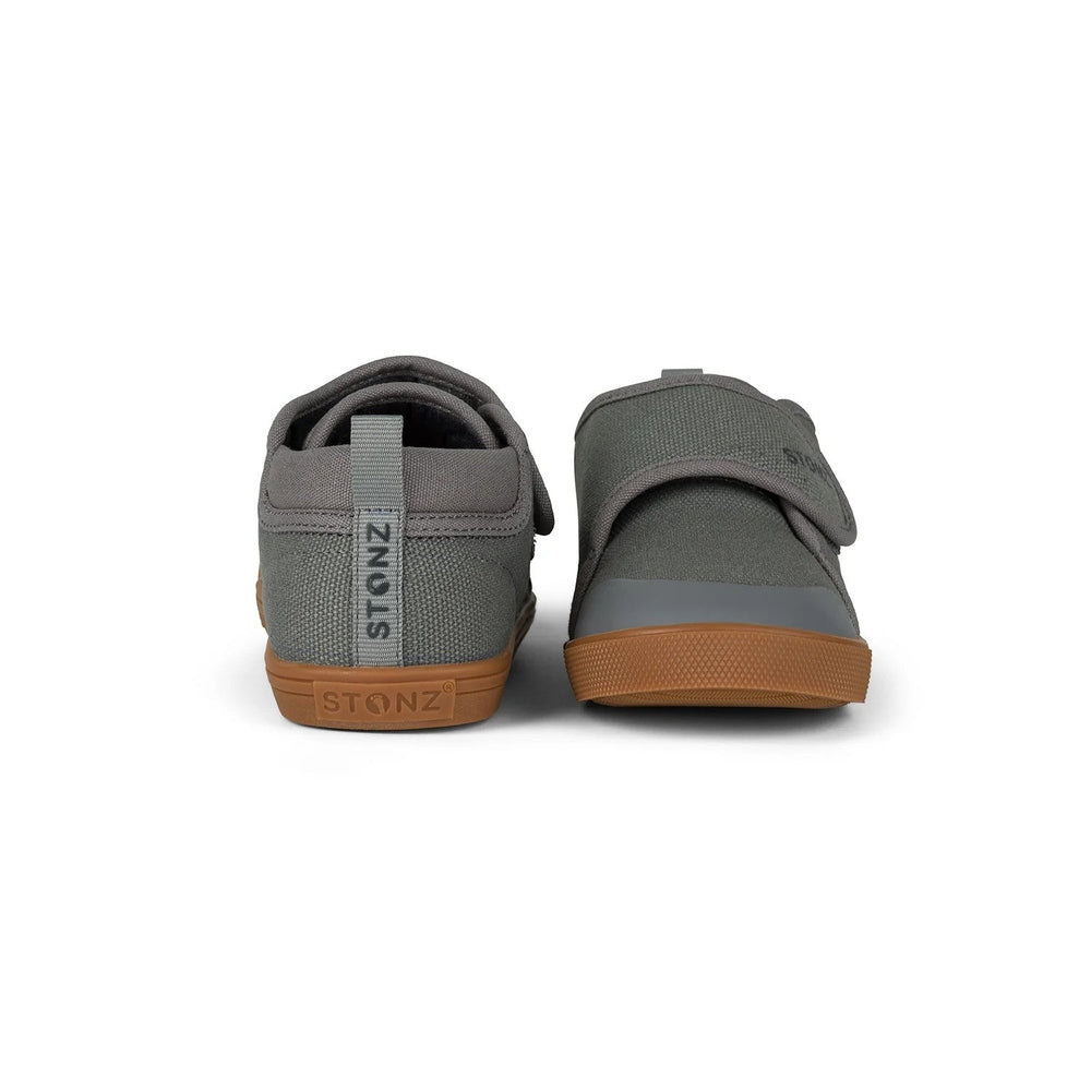 Stonz Cruiser Natural Toddler Shoes Steel - gray Velcro-strap sneakers with brown gum sole, shown from back and side.