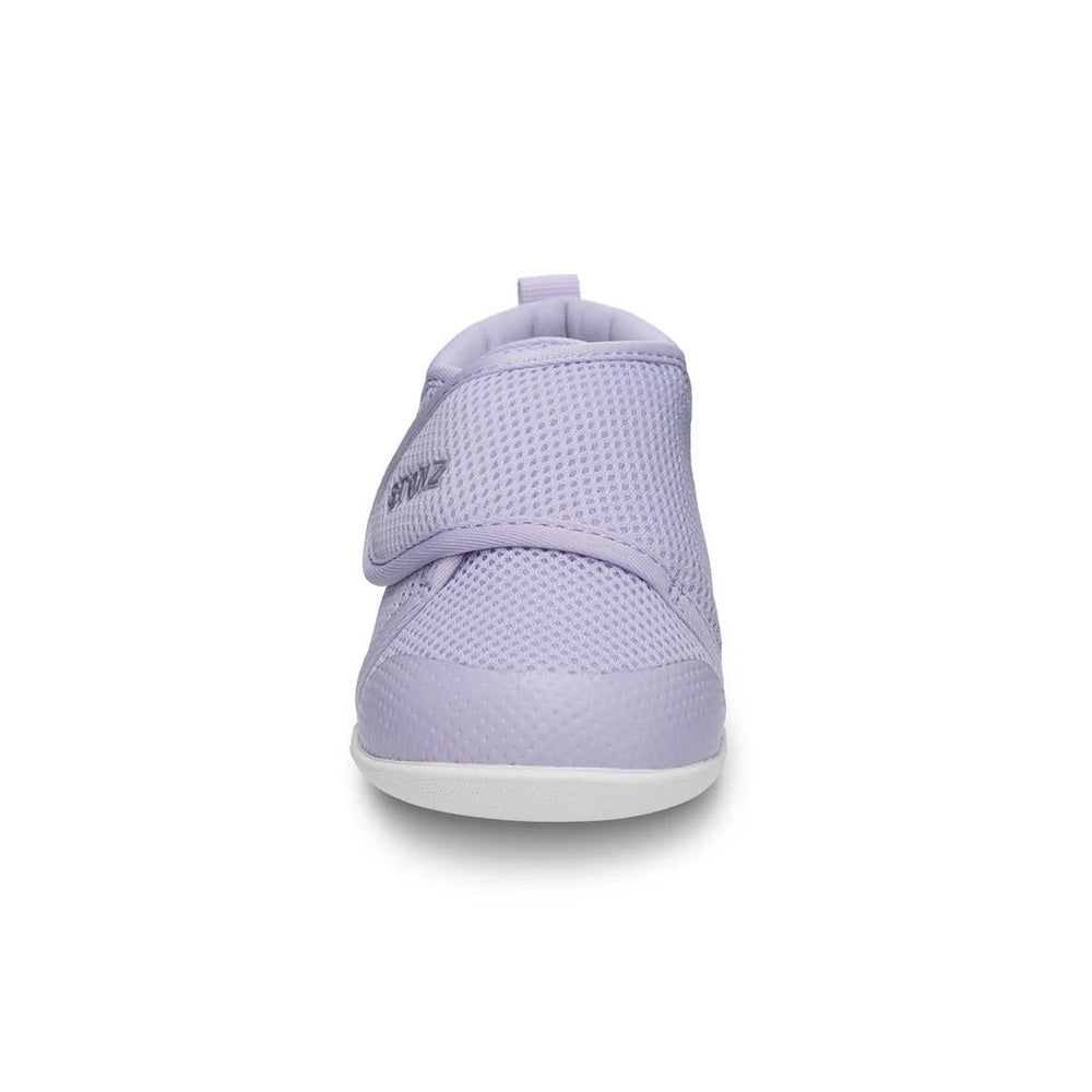 Stonz Cruiser Original Baby Shoes Haze Purple; front view shows lilac breathable mesh with Velcro strap and white sole.