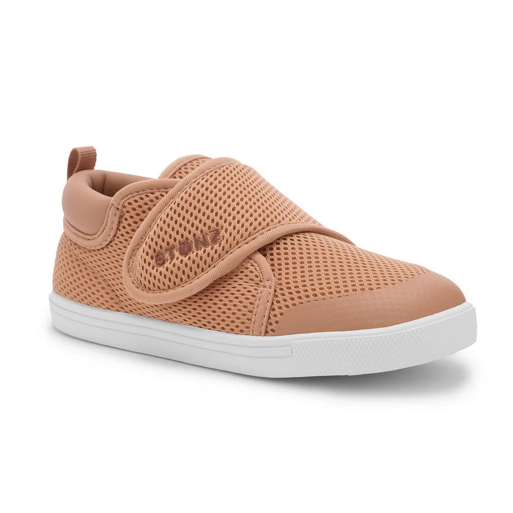 STONZ Stonz Cruiser Original Toddler Shoes Camel pair of baby shoes shown in image 2 of 5 with mesh upper, velcro strap and contrasting sole