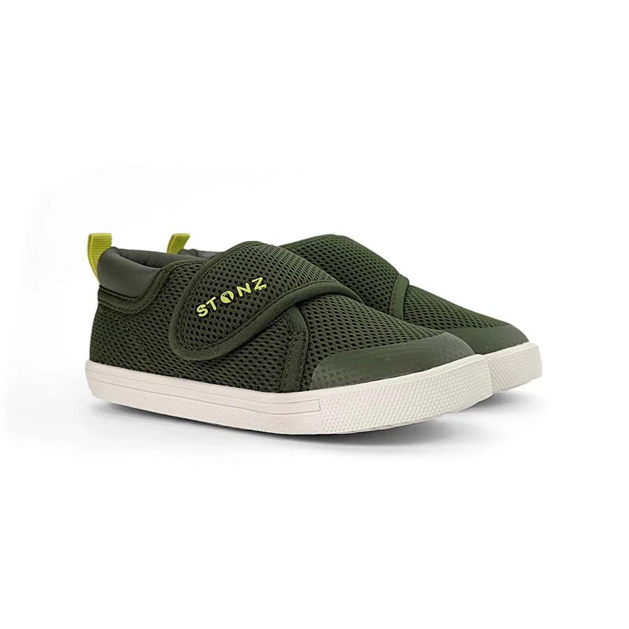STONZ Stonz Cruiser Original Toddler Shoes Cypress pair of baby shoes shown in image 1 of 6 with mesh upper, velcro strap and contrasting so
