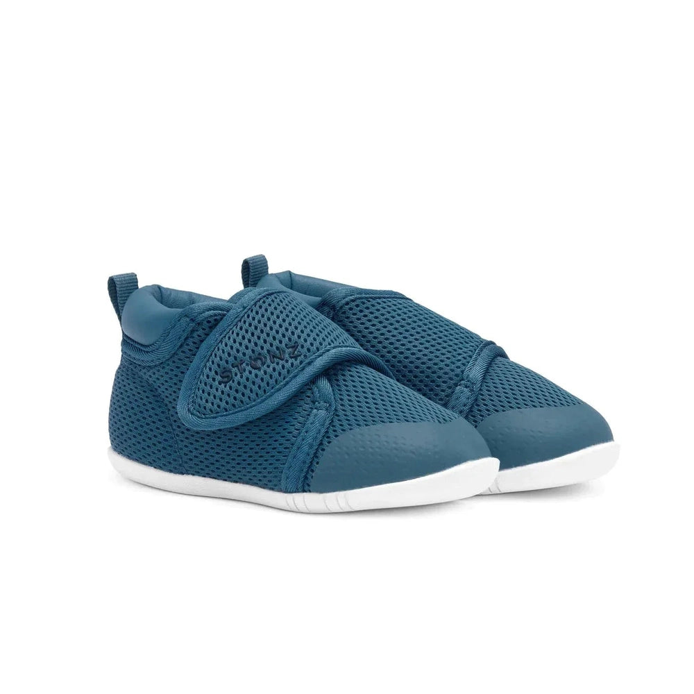 STONZ Stonz Cruiser Original Toddler Shoes Denim Blue pair of baby shoes shown in image 1 of 11 with mesh upper, velcro strap and contrastin