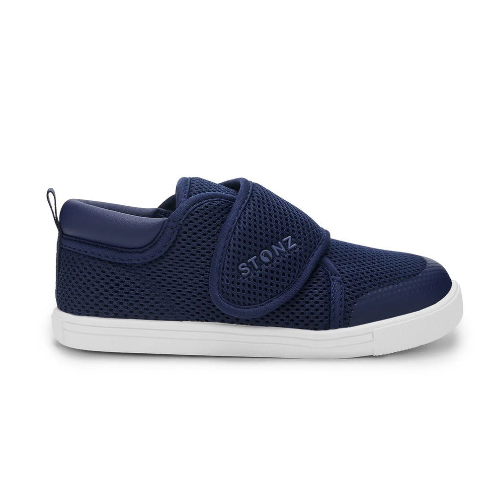 STONZ Cruiser Original Toddler Shoes Navy, navy mesh sneakers with a Velcro strap secured over a white sole.